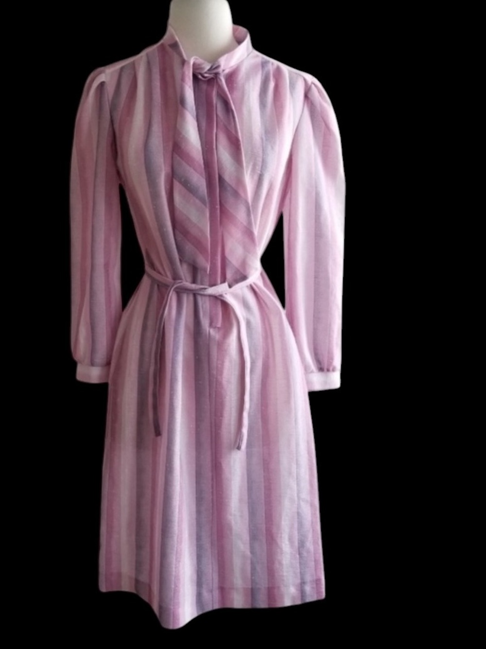 Late 70s/Early 80s Pink & Gray Vertical Striped Poly/Cotton Tie-Neck Midi Day D